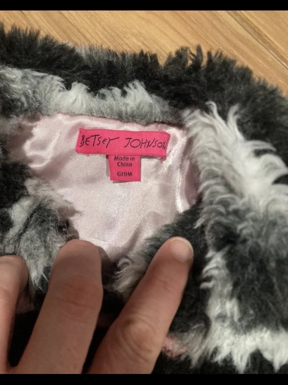 Betsey Johnson Black and Gray Faux Fur Stripe Coat with Pink Lining Size 6/9m